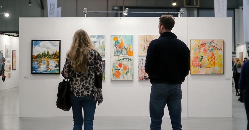A man and woman looking at paintings in a museum exhibit.
