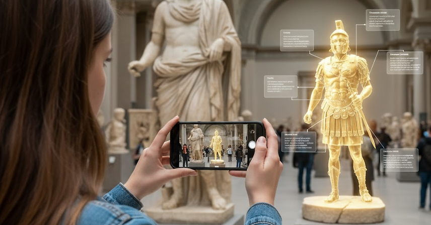 A woman using augmented reality to point at a statue, with digital information or graphics appearing on her screen.